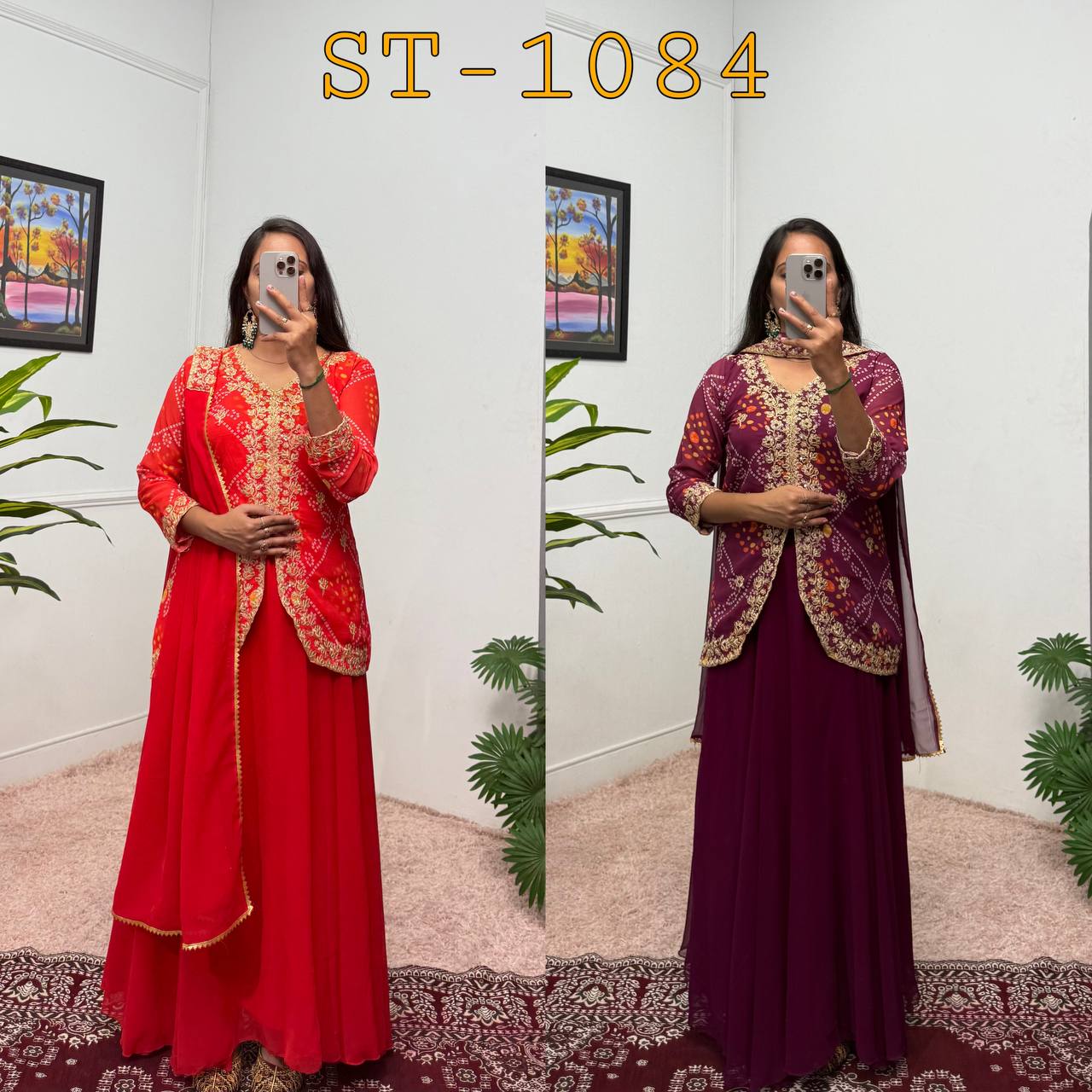 Faux Georgette Bandhani Koti-Lehenga 3 Piece Suit Set