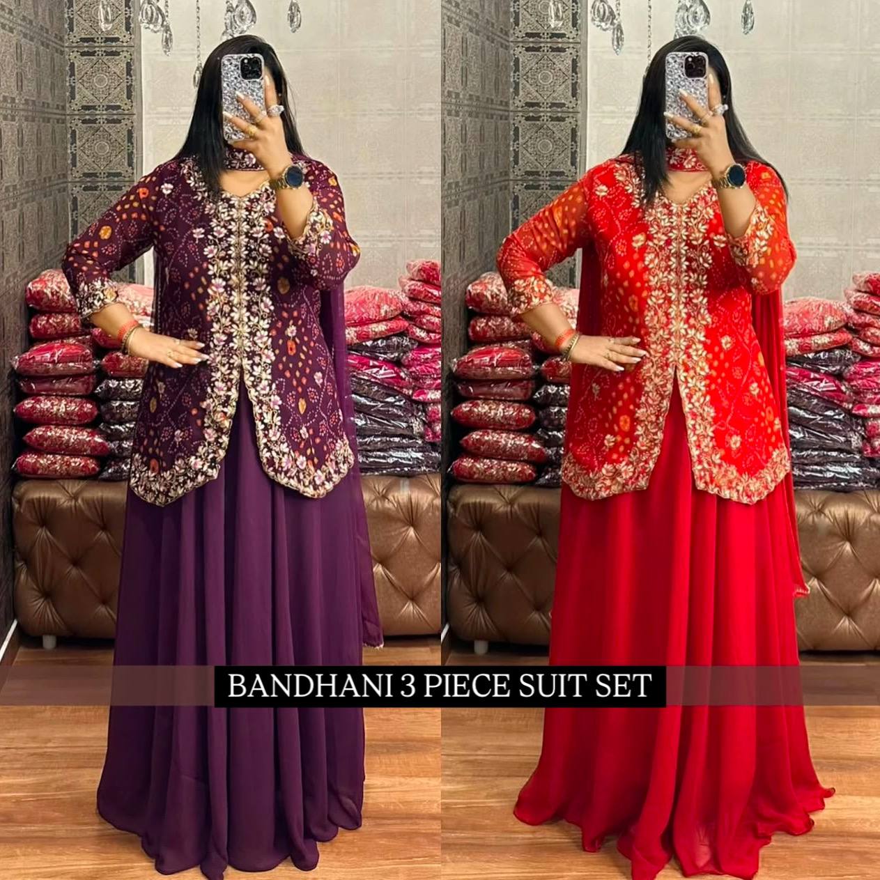 Faux Georgette Bandhani Koti-Lehenga 3 Piece Suit Set