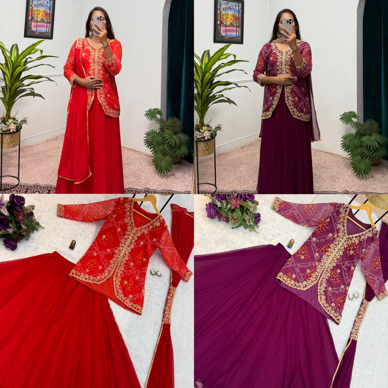 Faux Georgette Bandhani Koti-Lehenga 3 Piece Suit Set