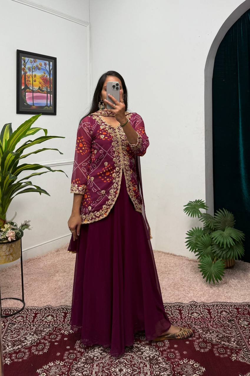 Faux Georgette Bandhani Koti-Lehenga 3 Piece Suit Set
