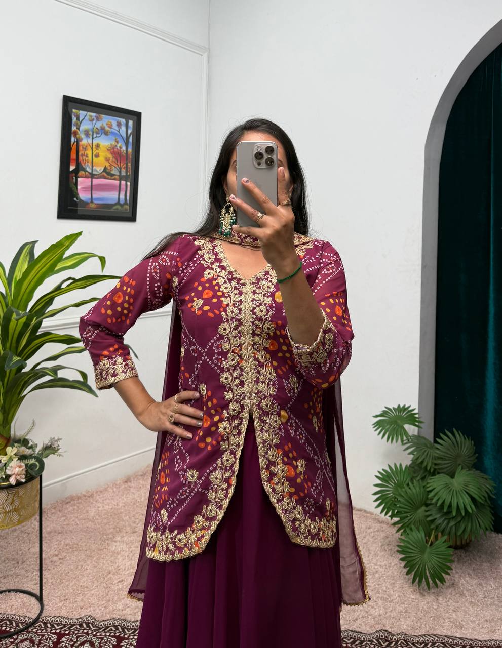 Faux Georgette Bandhani Koti-Lehenga 3 Piece Suit Set