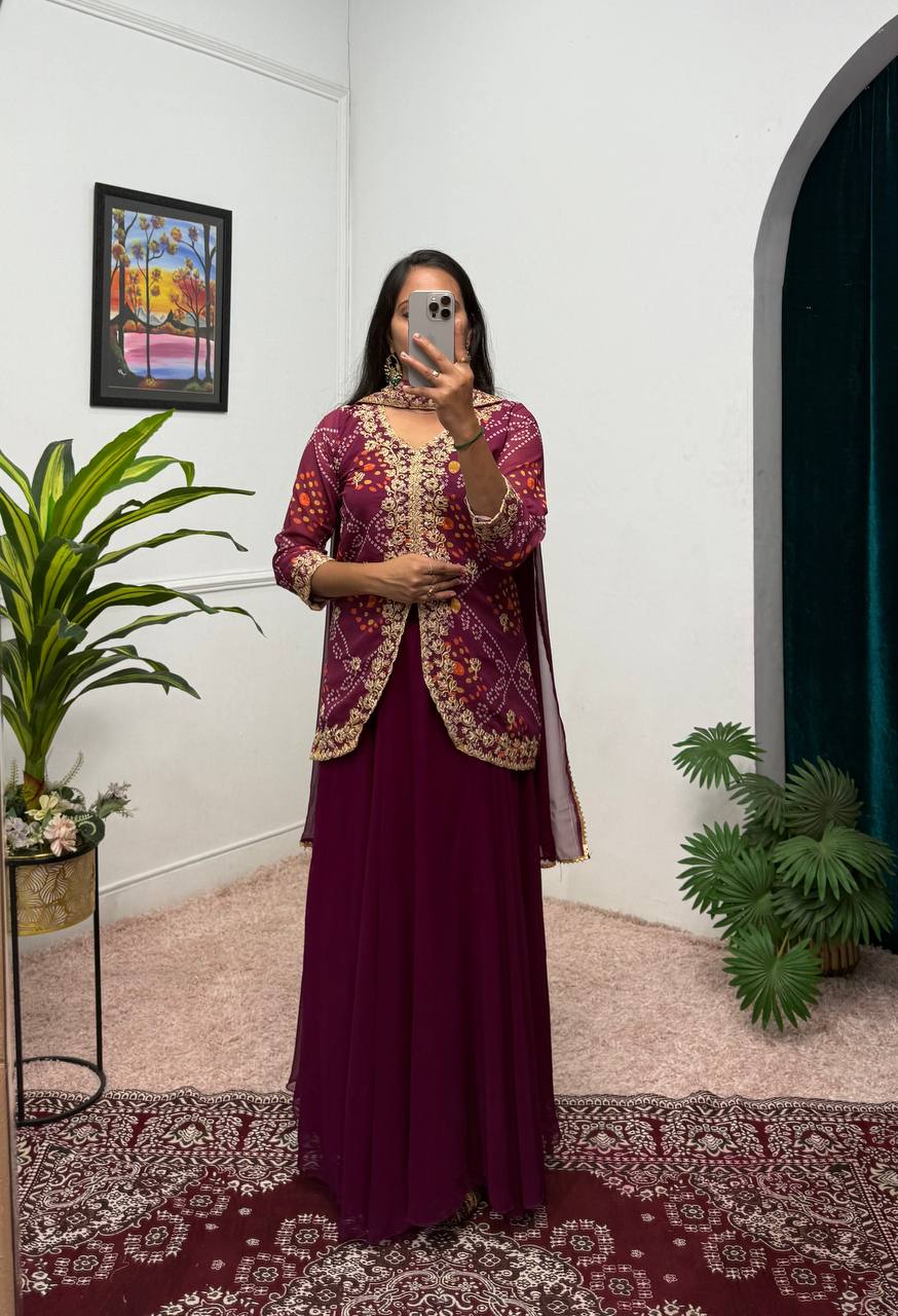 Faux Georgette Bandhani Koti-Lehenga 3 Piece Suit Set