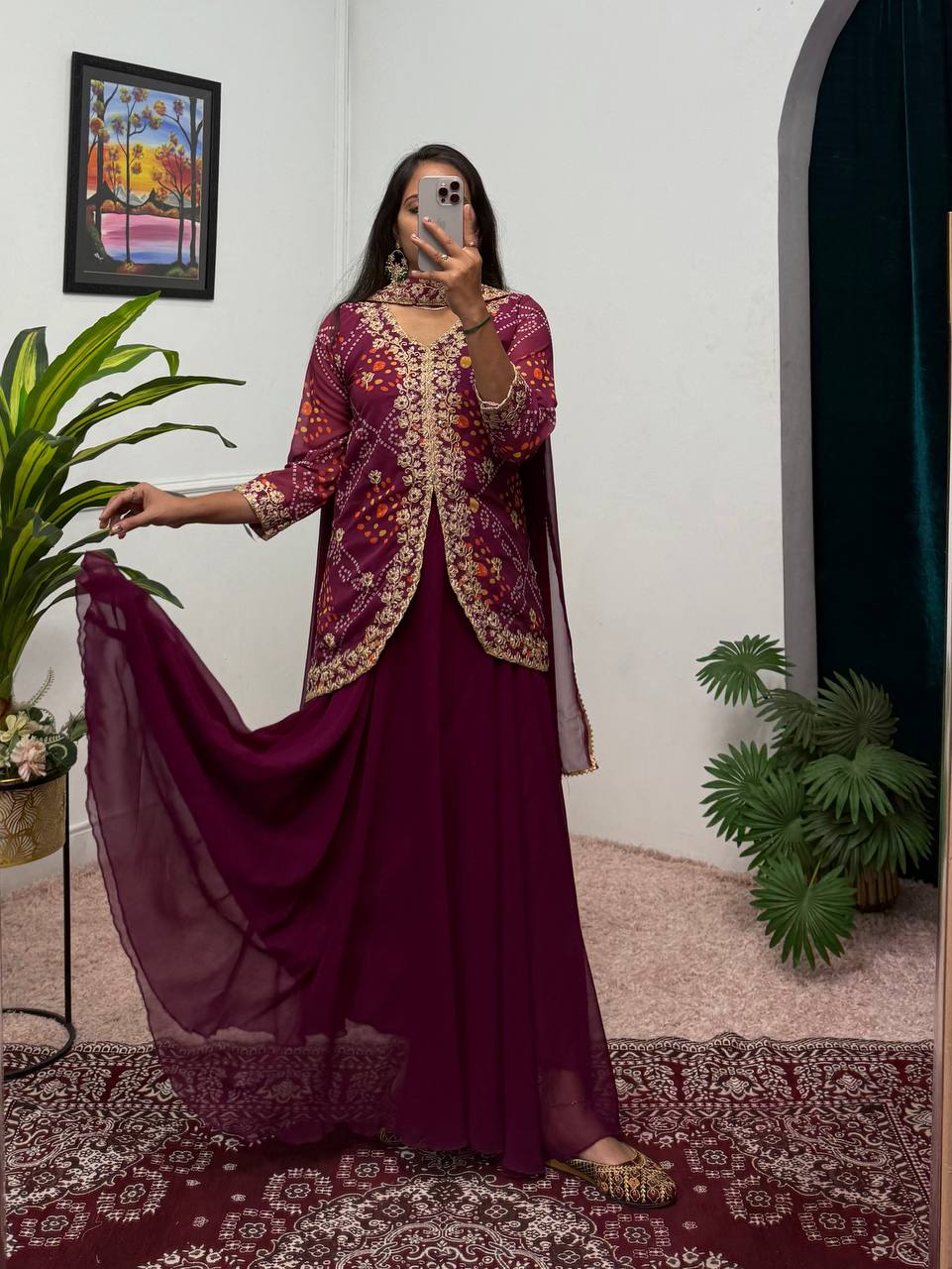 Faux Georgette Bandhani Koti-Lehenga 3 Piece Suit Set
