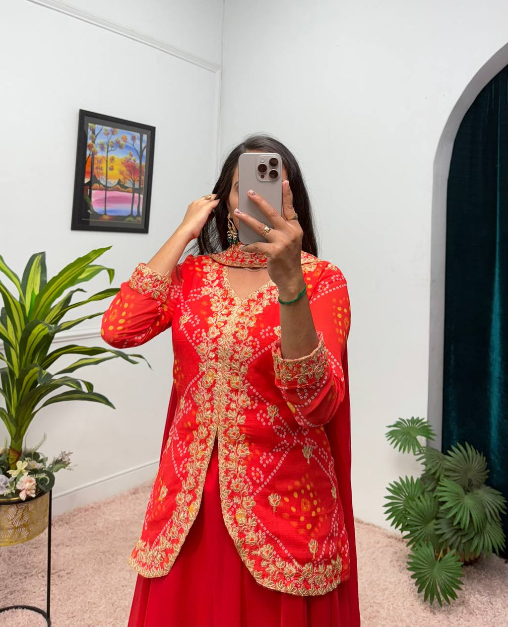 Faux Georgette Bandhani Koti-Lehenga 3 Piece Suit Set