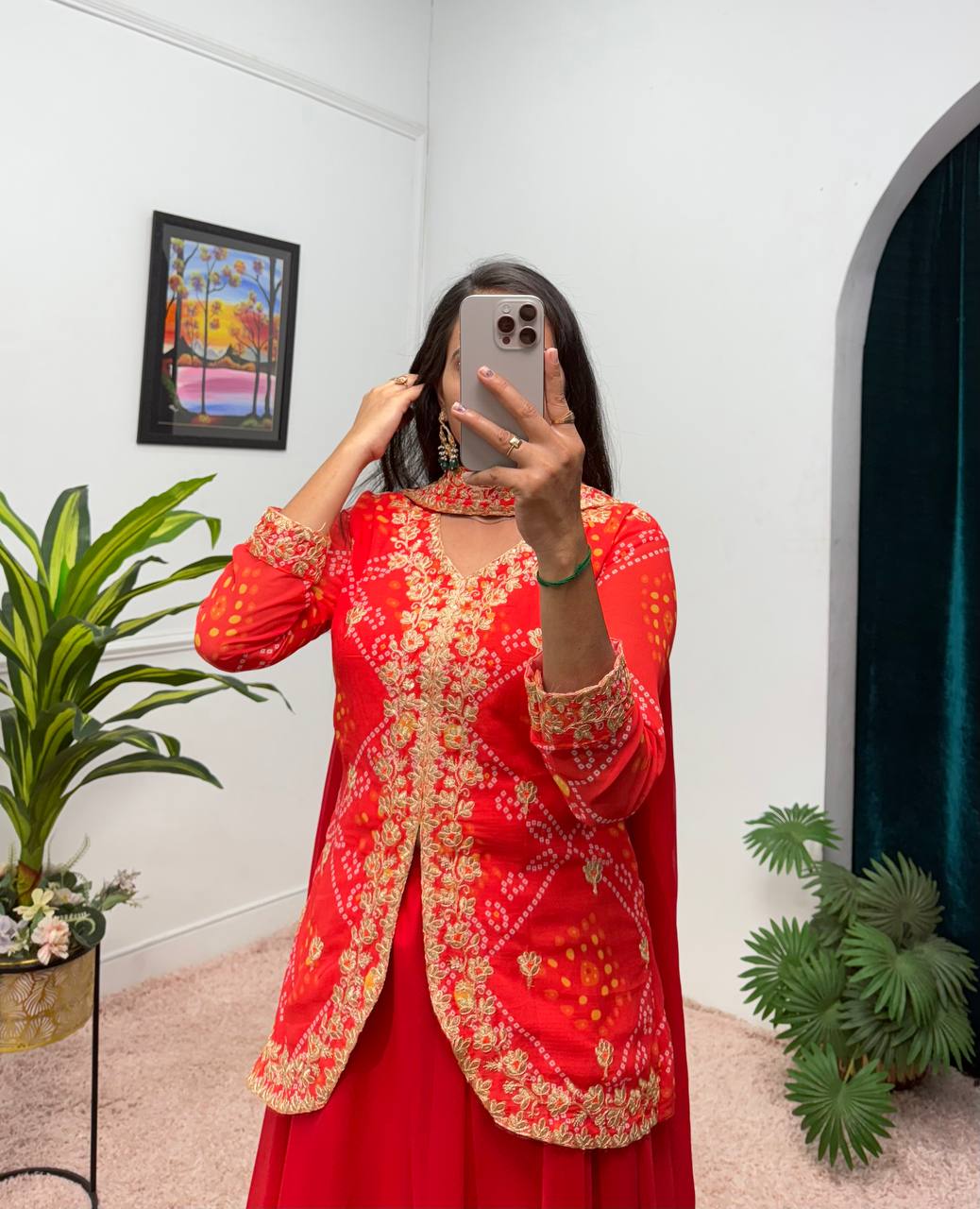 Faux Georgette Bandhani Koti-Lehenga 3 Piece Suit Set