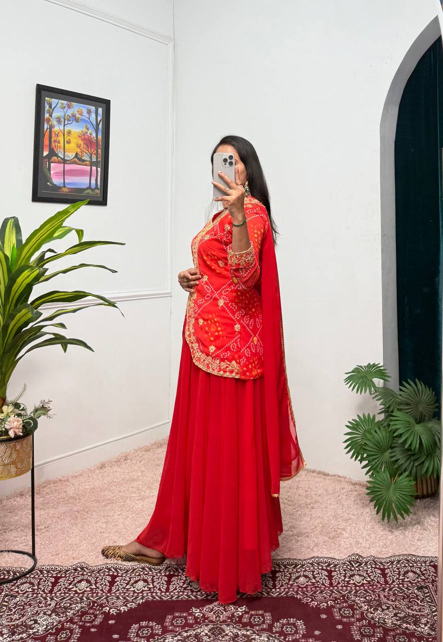 Faux Georgette Bandhani Koti-Lehenga 3 Piece Suit Set