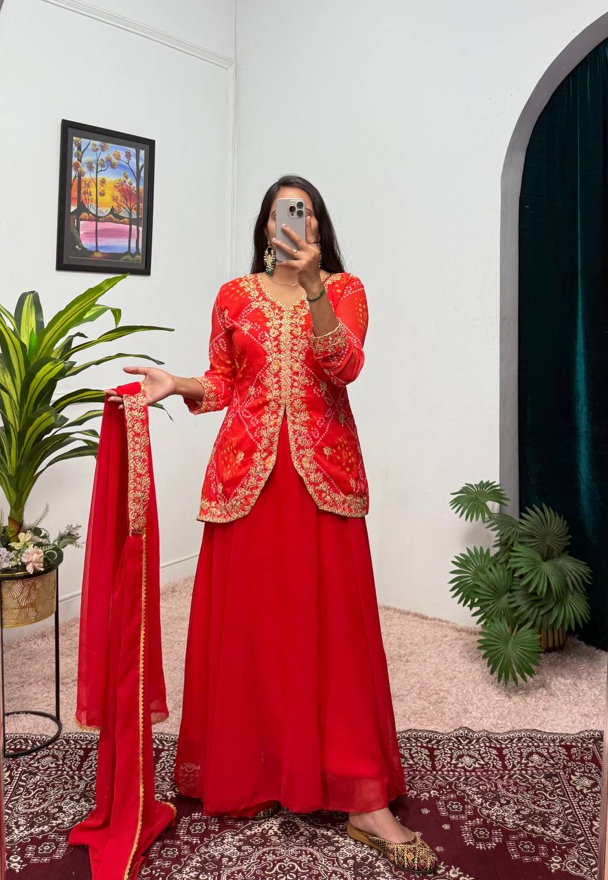 Faux Georgette Bandhani Koti-Lehenga 3 Piece Suit Set