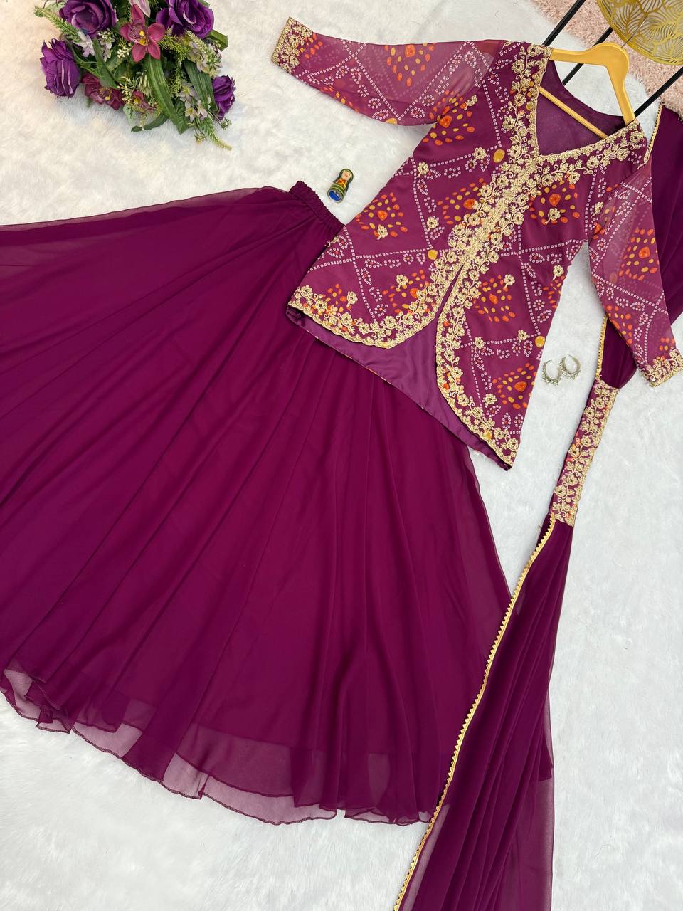 Faux Georgette Bandhani Koti-Lehenga 3 Piece Suit Set