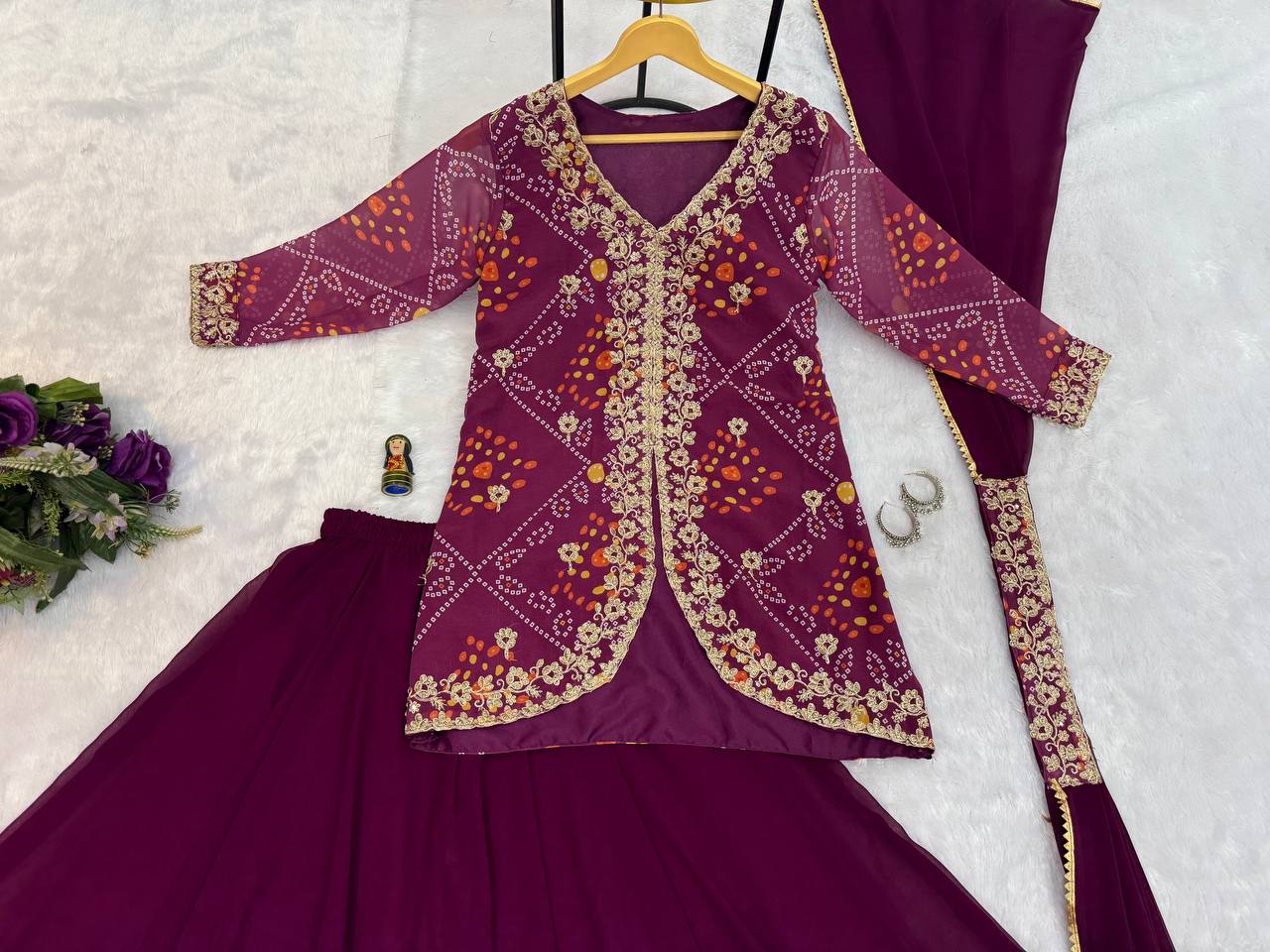 Faux Georgette Bandhani Koti-Lehenga 3 Piece Suit Set