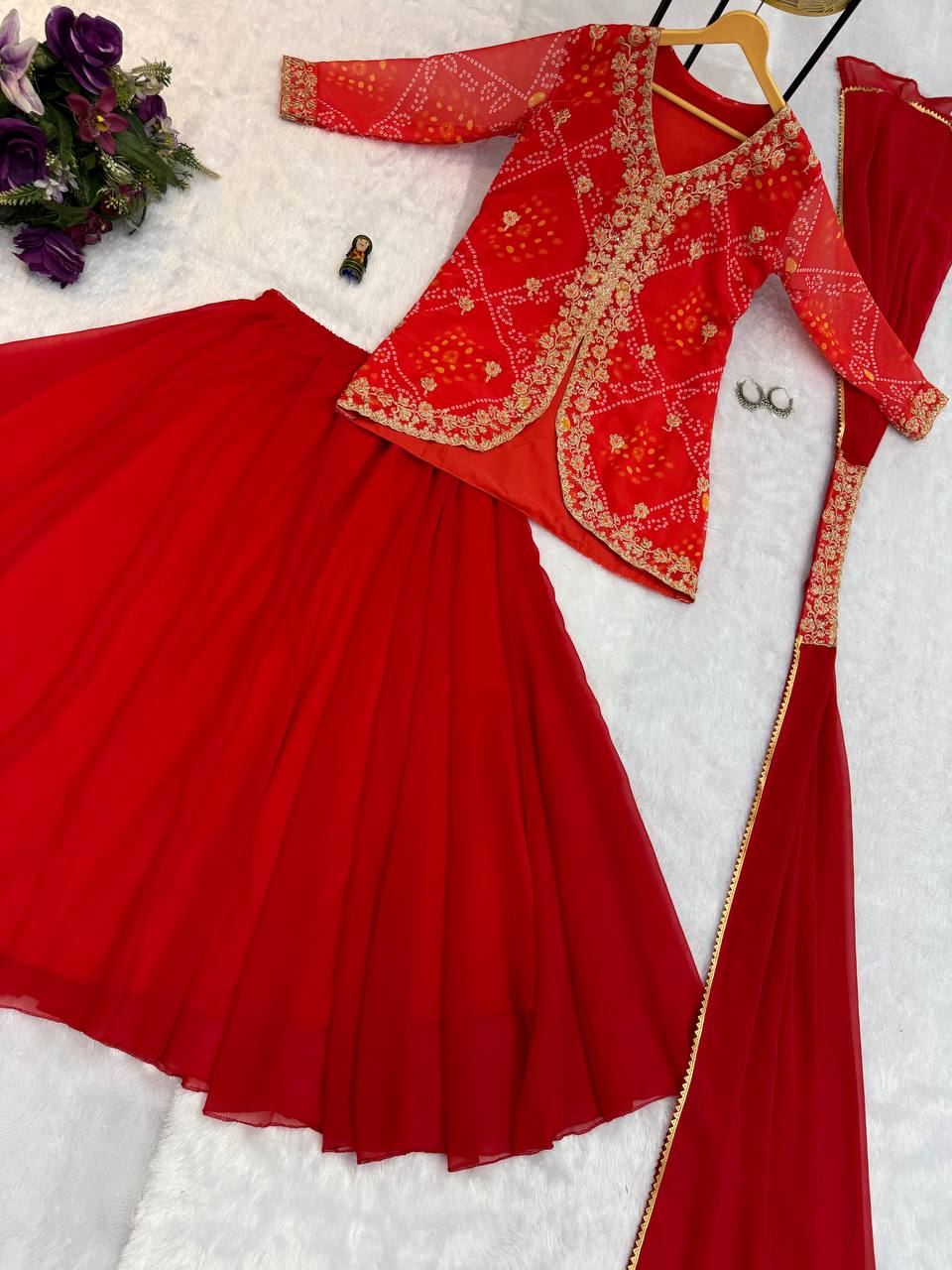 Faux Georgette Bandhani Koti-Lehenga 3 Piece Suit Set