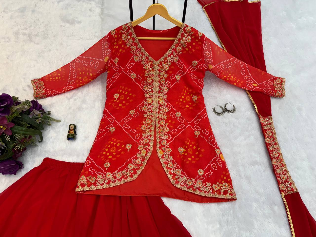 Faux Georgette Bandhani Koti-Lehenga 3 Piece Suit Set