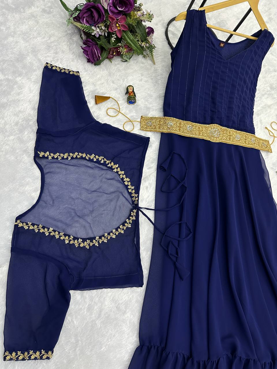 Faux Georgette Gown with Embroidered Koti & Belt