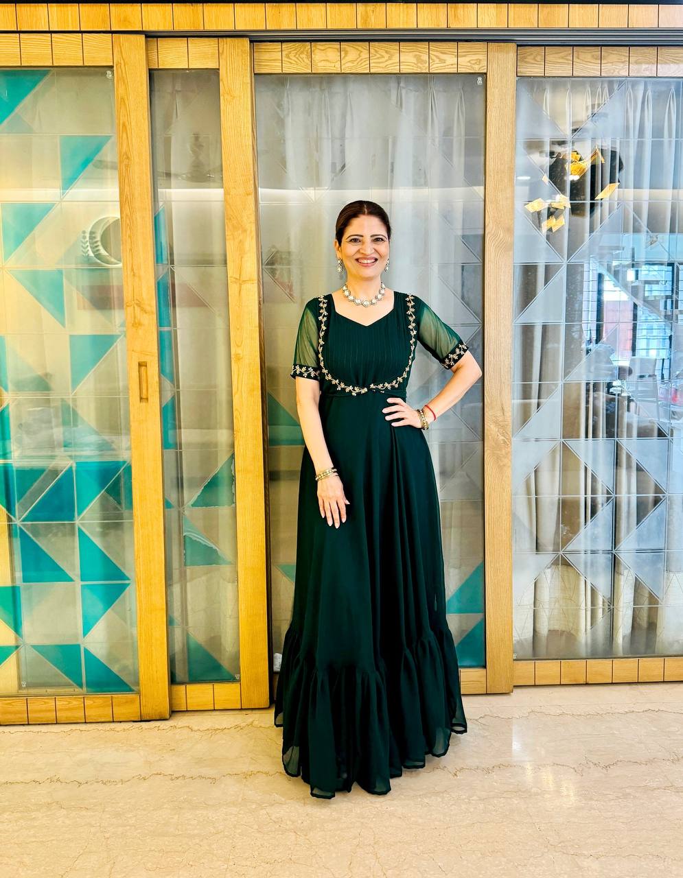 Faux Georgette Gown with Embroidered Koti & Belt