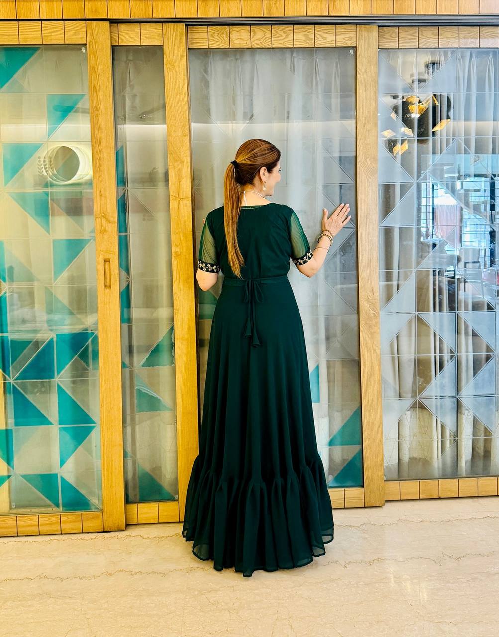 Faux Georgette Gown with Embroidered Koti & Belt