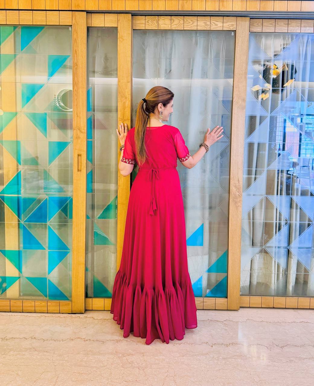 Faux Georgette Gown with Embroidered Koti & Belt