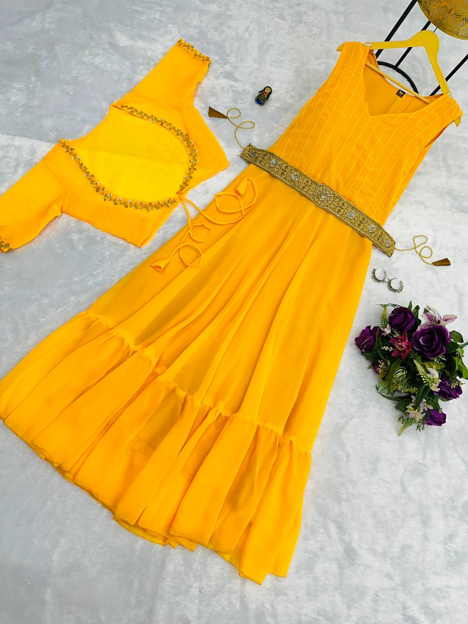 Faux Georgette Gown with Embroidered Koti & Belt