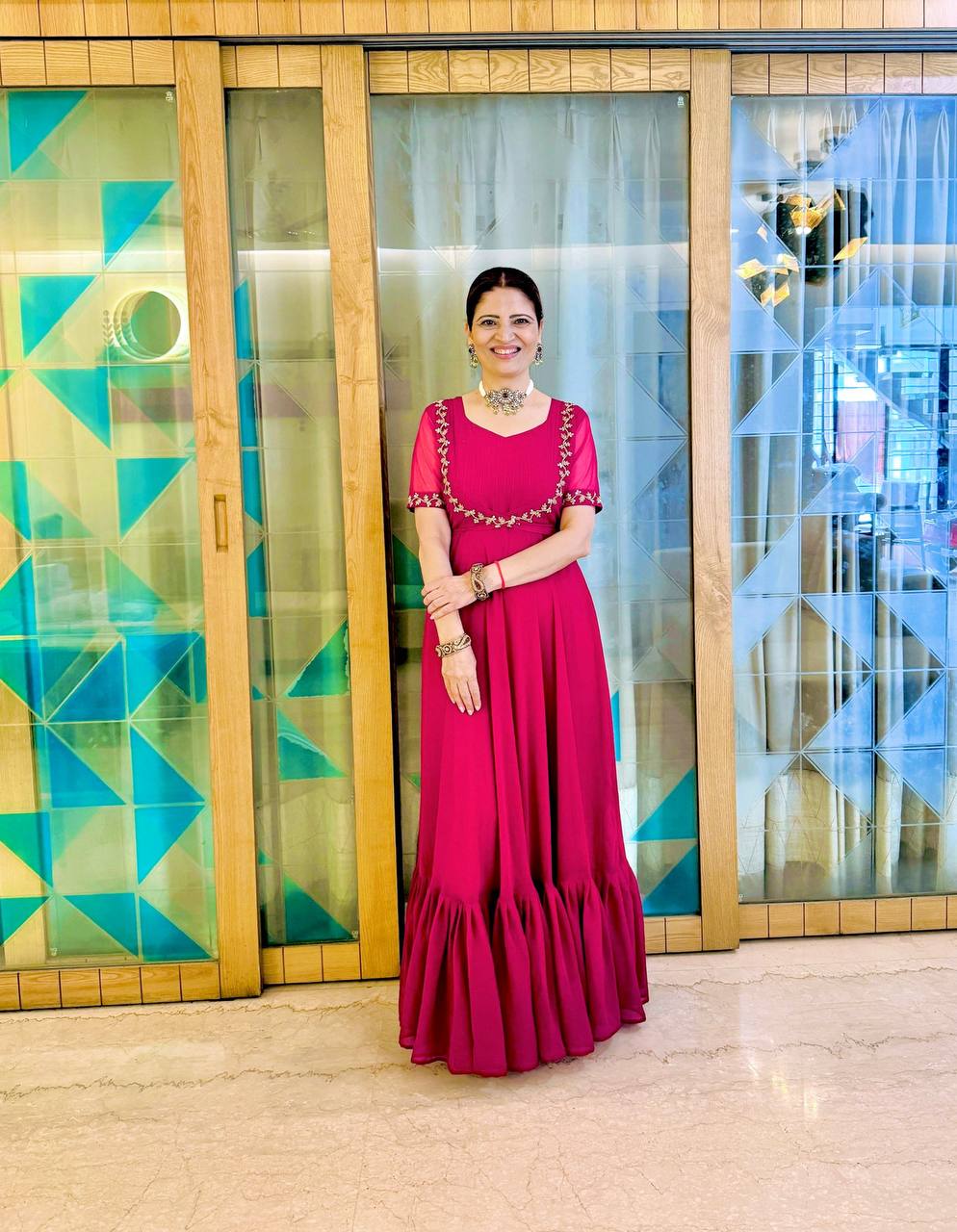 Faux Georgette Gown with Embroidered Koti & Belt