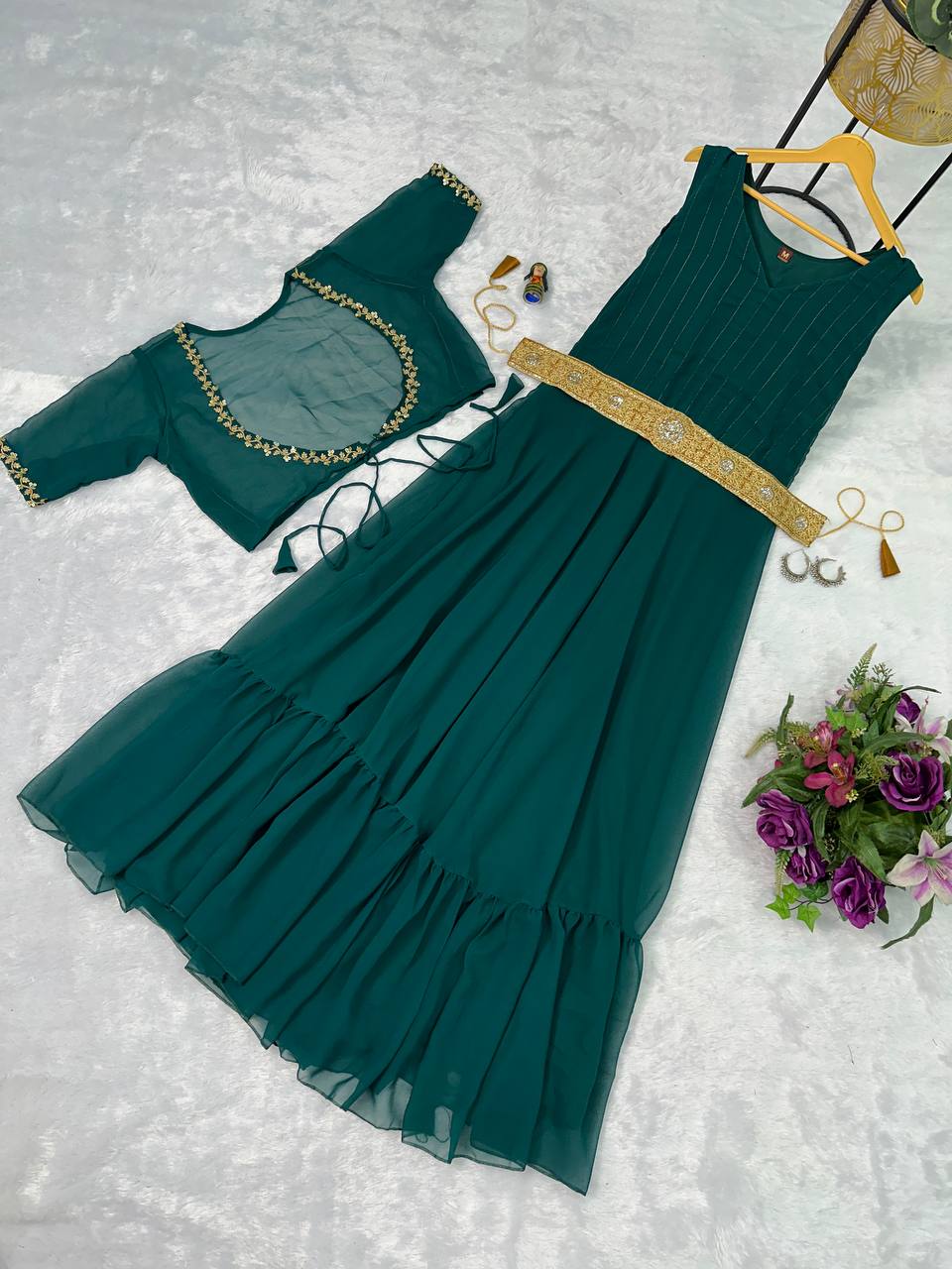 Faux Georgette Gown with Embroidered Koti & Belt