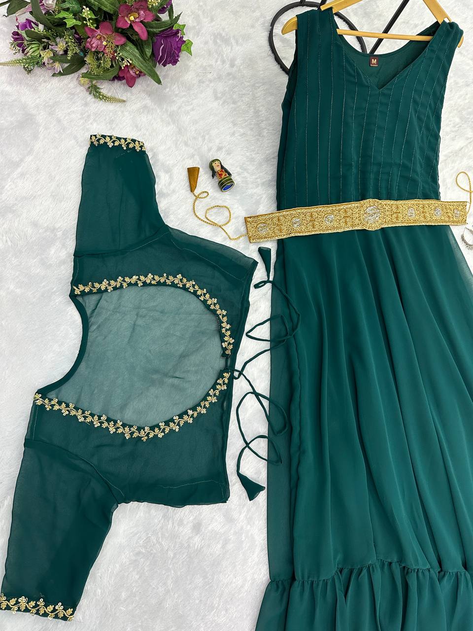 Faux Georgette Gown with Embroidered Koti & Belt