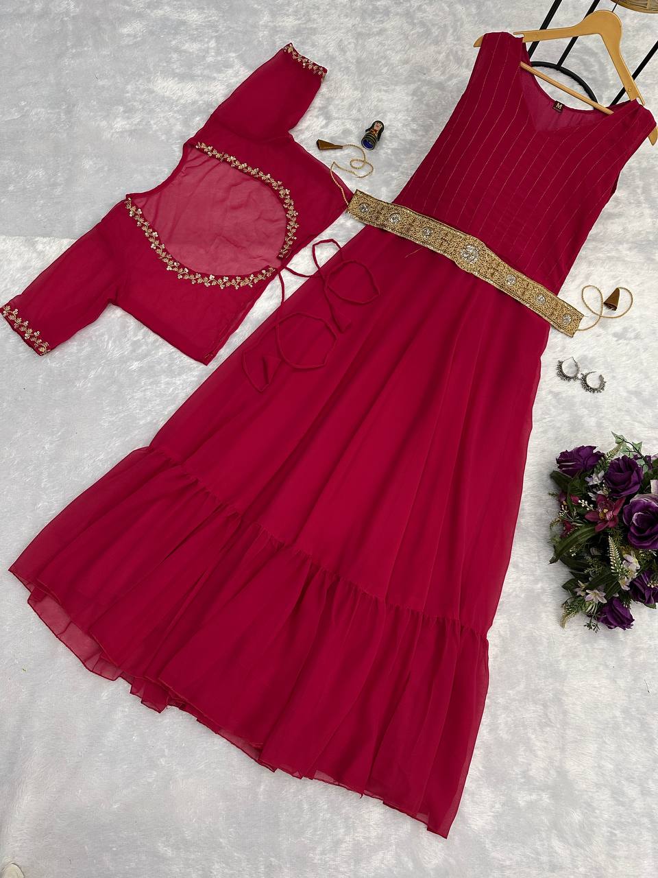 Faux Georgette Gown with Embroidered Koti & Belt