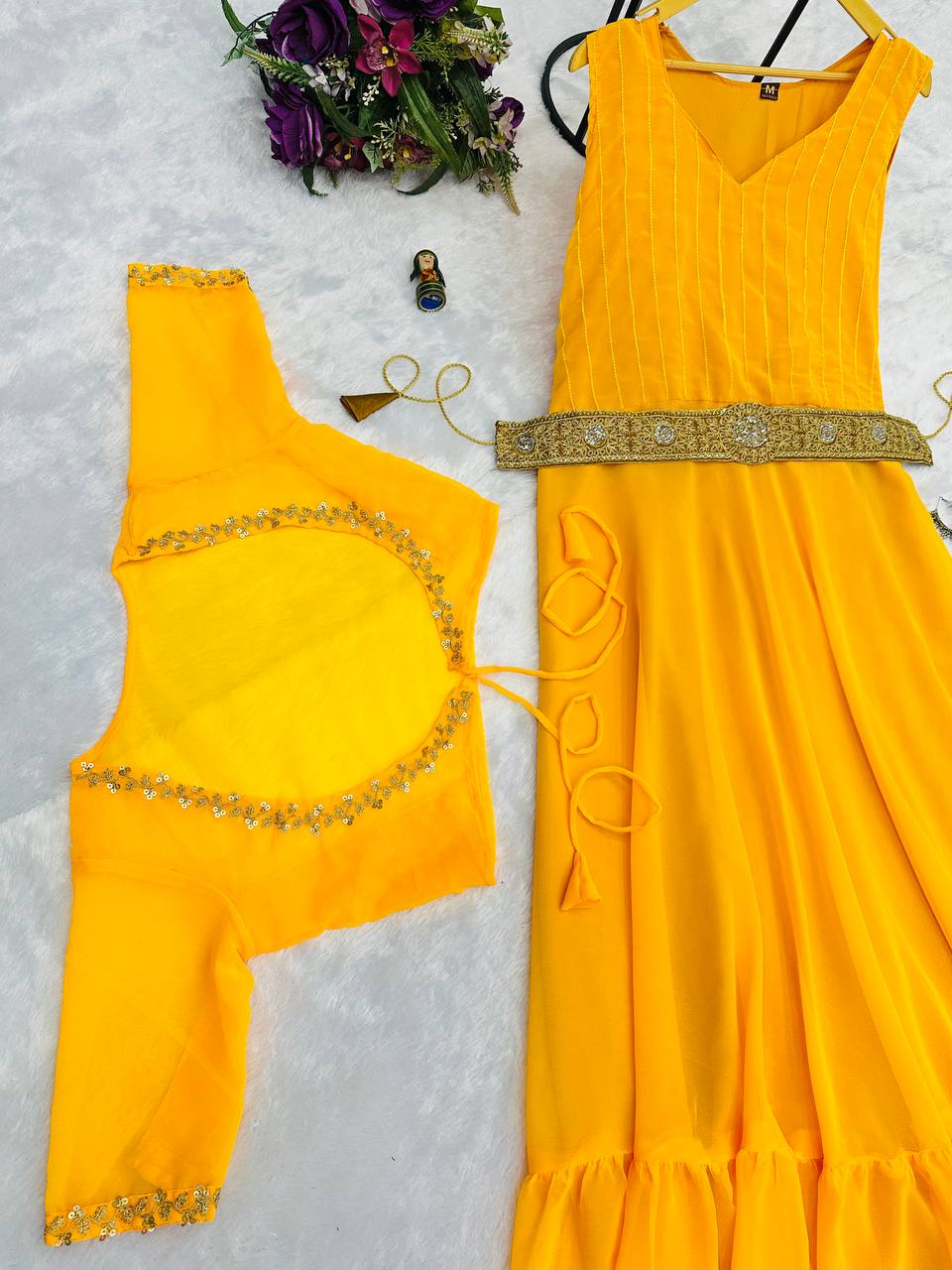 Faux Georgette Gown with Embroidered Koti & Belt