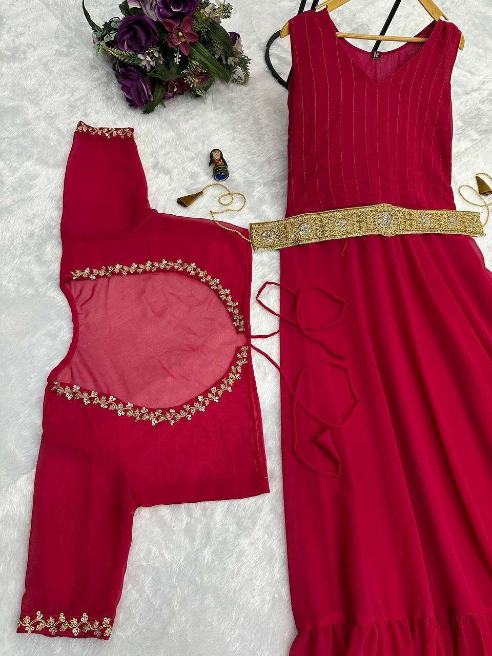 Faux Georgette Gown with Embroidered Koti & Belt