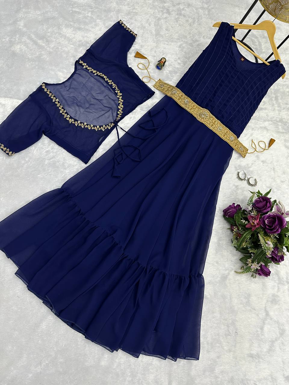 Faux Georgette Gown with Embroidered Koti & Belt