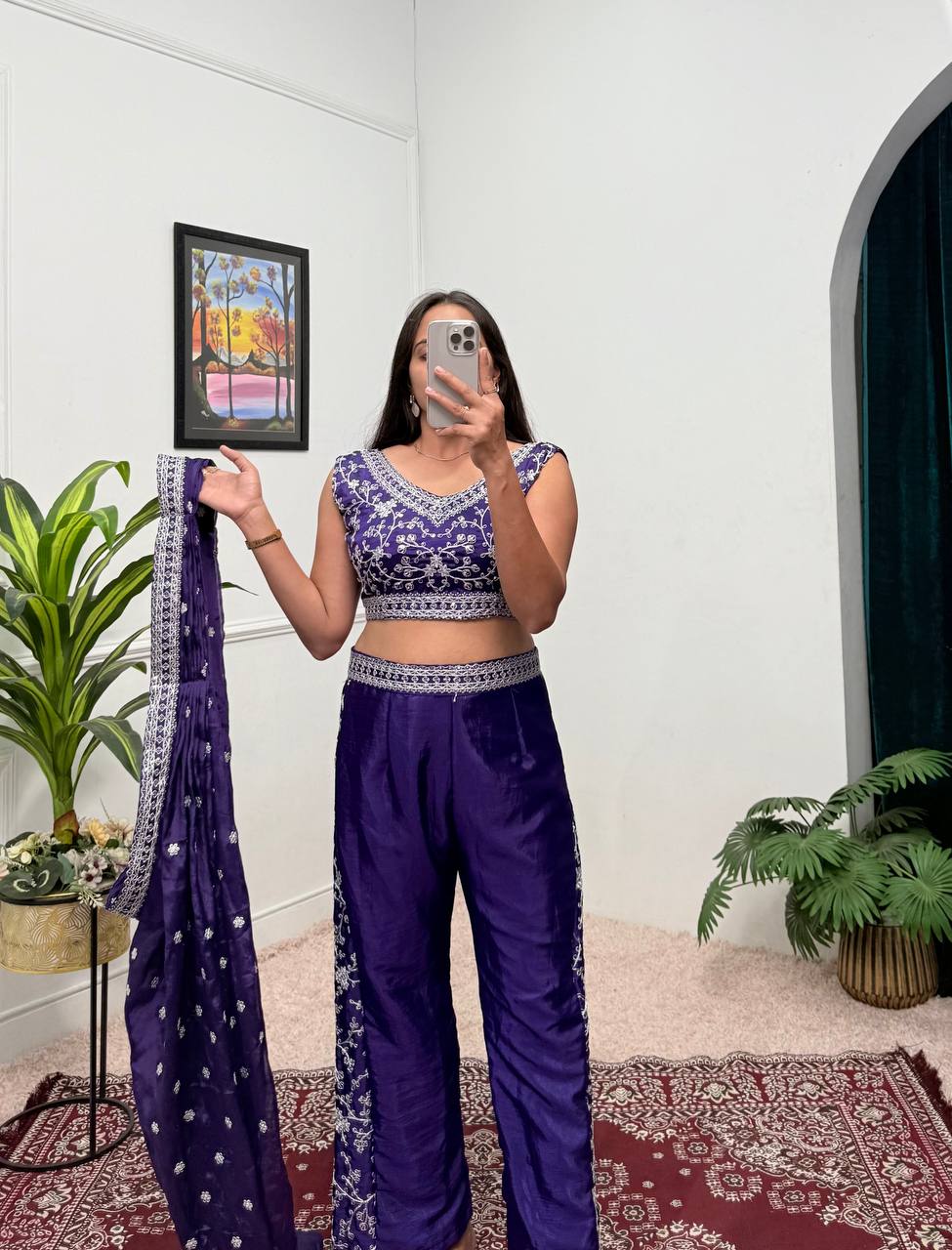 Indo-Western 3-Piece Set (Plazzo, Blouse & Dupatta)