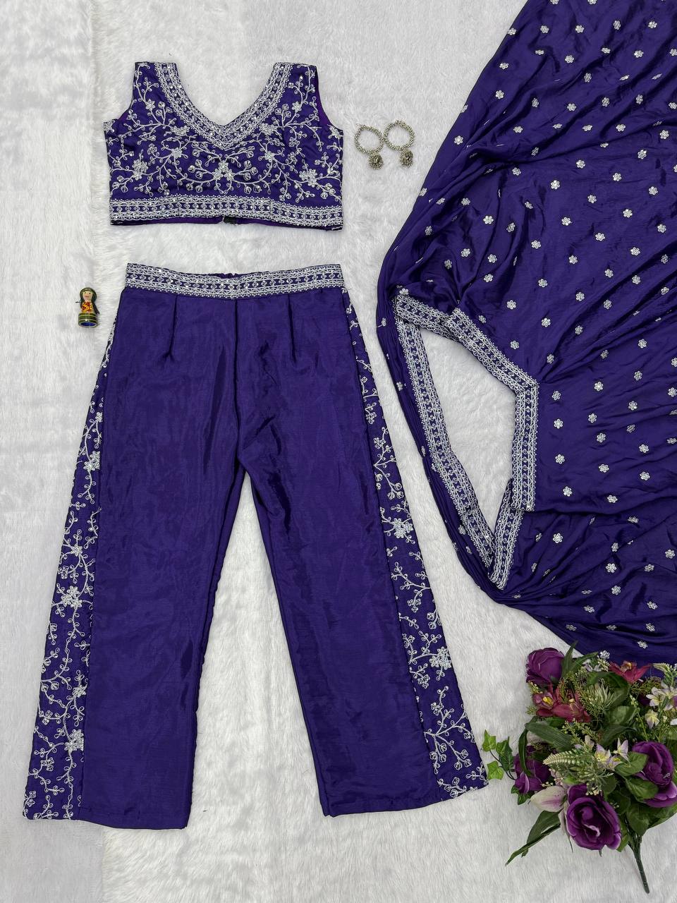Indo-Western 3-Piece Set (Plazzo, Blouse & Dupatta)