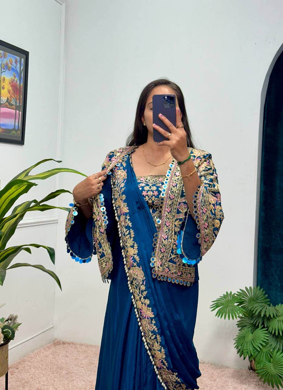 Indo-Western Ready-to-Wear Drape Saree with Fully Embroidered Koti