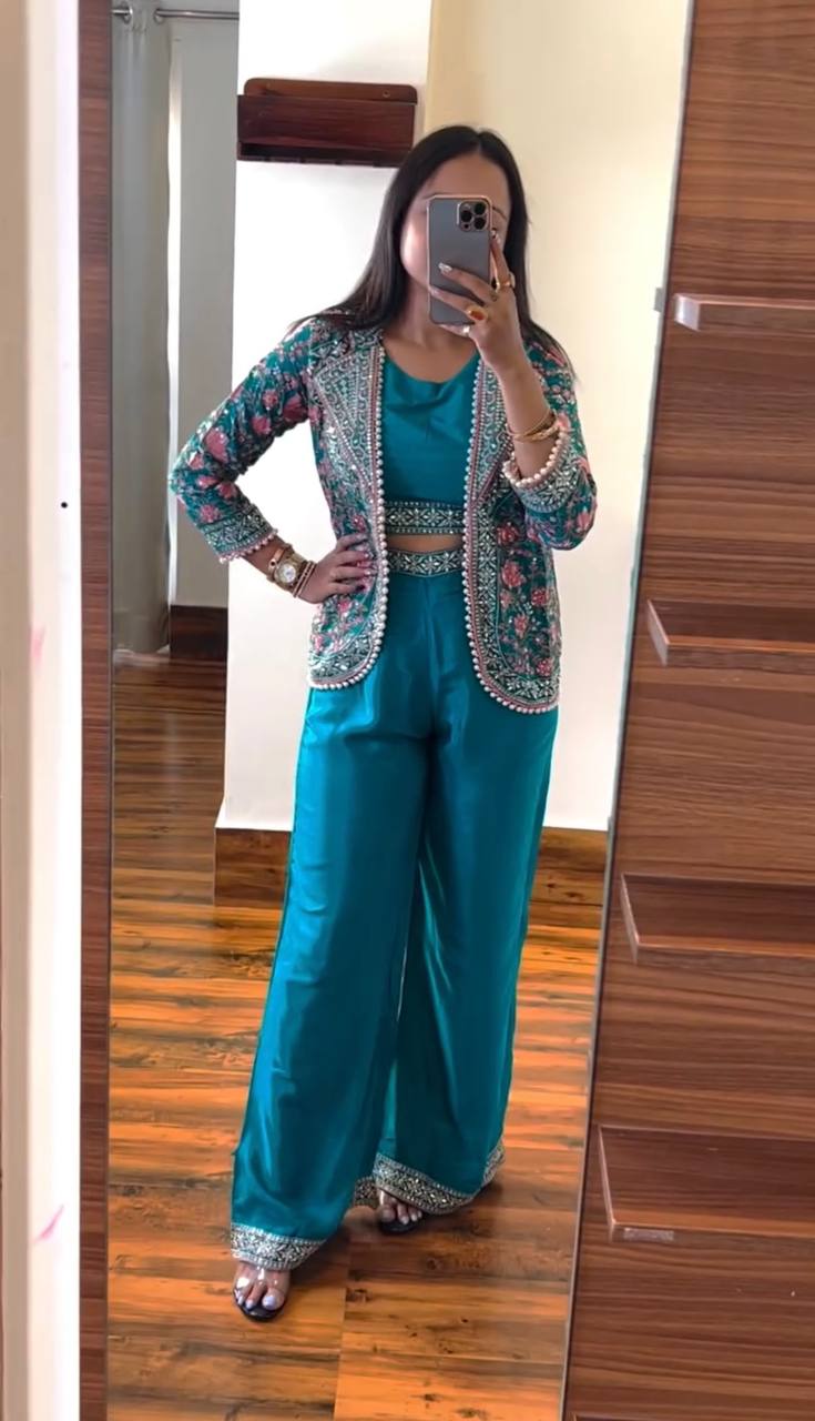 Premium Embroidered Koti, Blouse & Plazzo Set