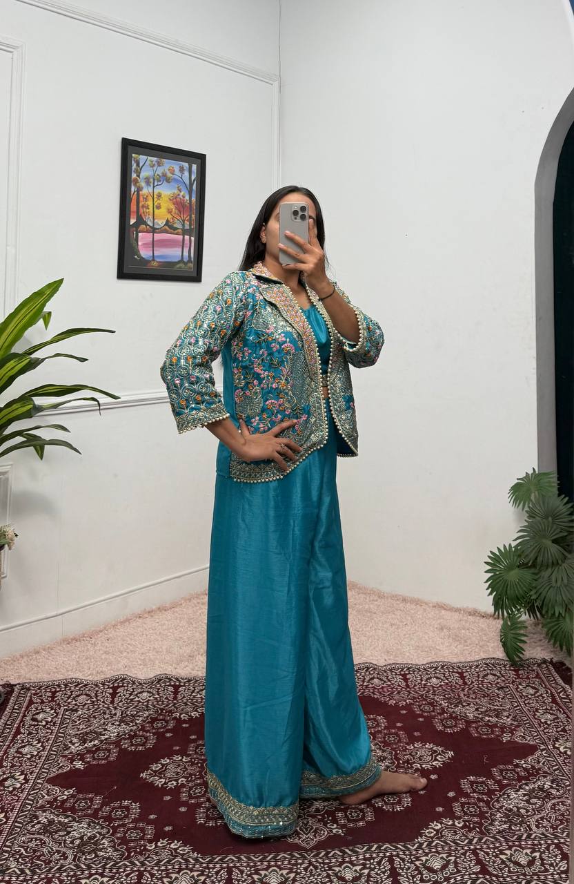 Premium Embroidered Koti, Blouse & Plazzo Set