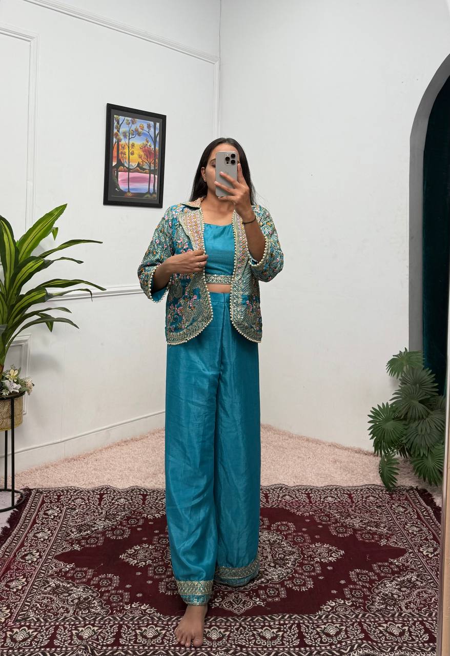 Premium Embroidered Koti, Blouse & Plazzo Set