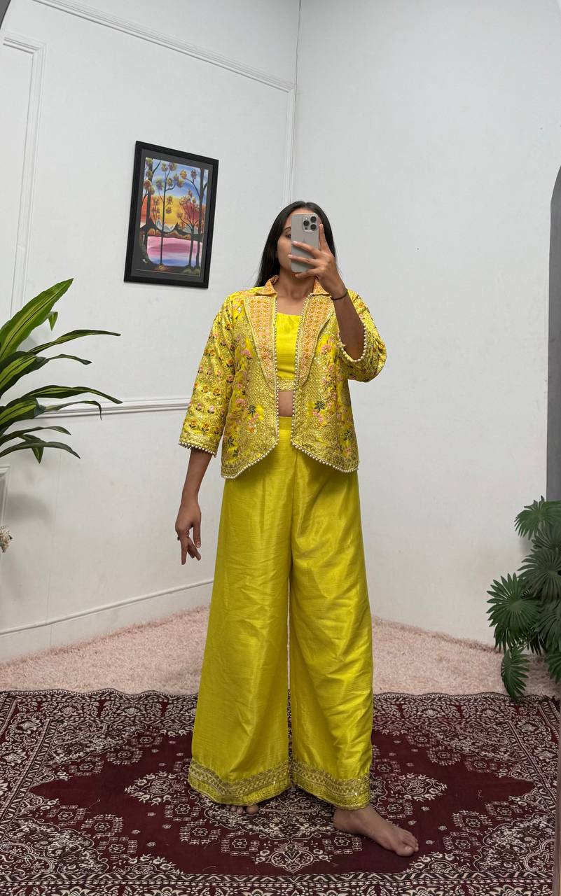 Premium Embroidered Koti, Blouse & Plazzo Set