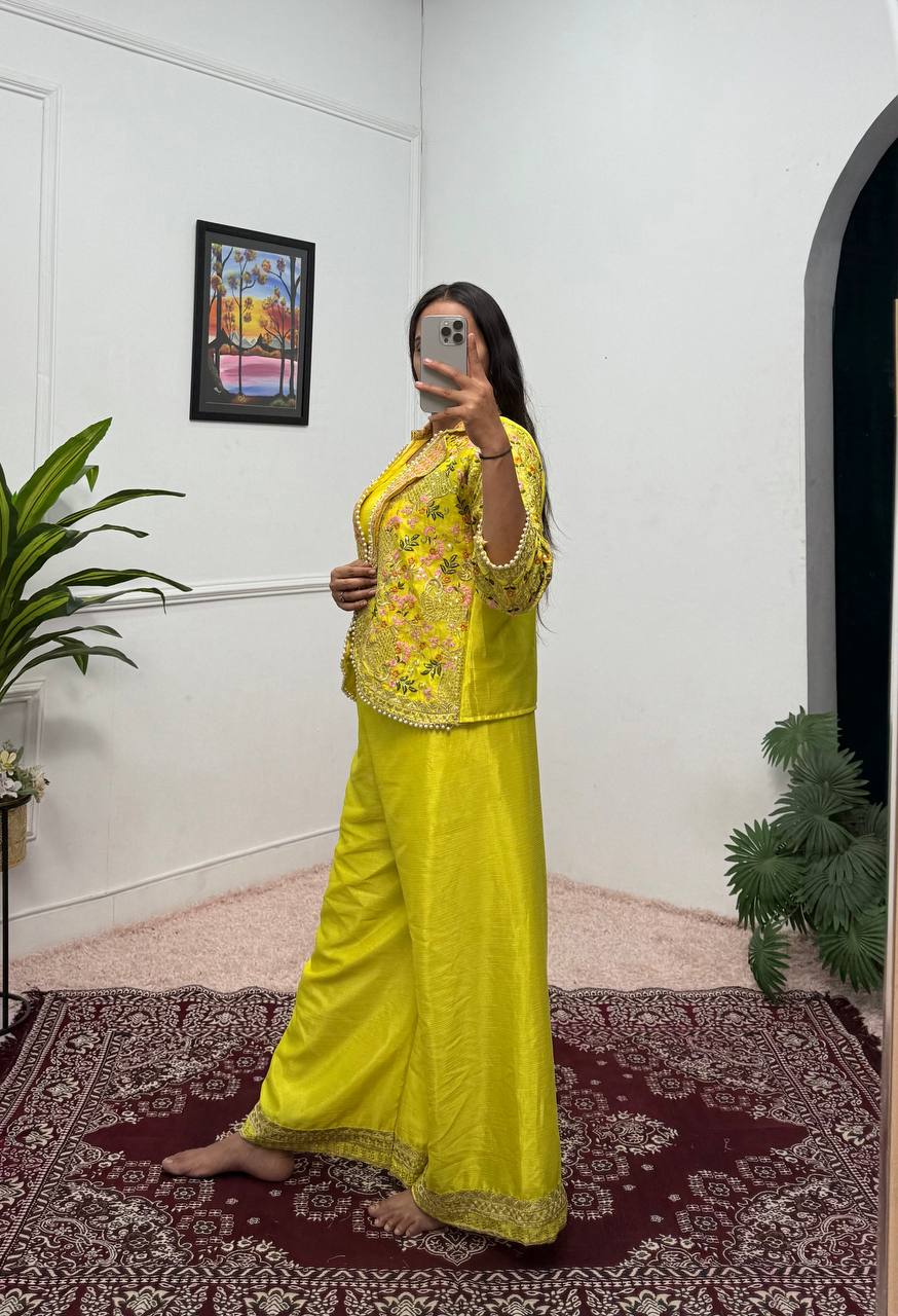 Premium Embroidered Koti, Blouse & Plazzo Set