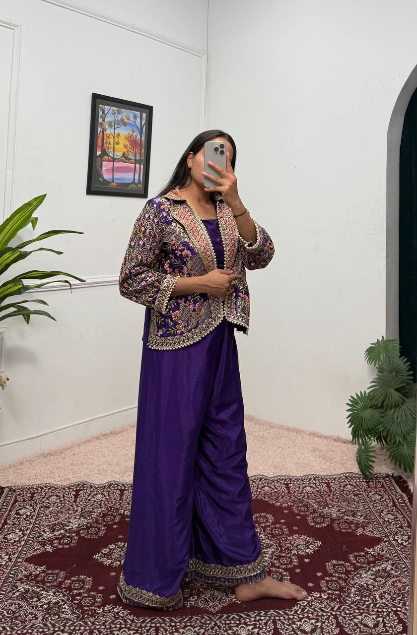 Premium Embroidered Koti, Blouse & Plazzo Set