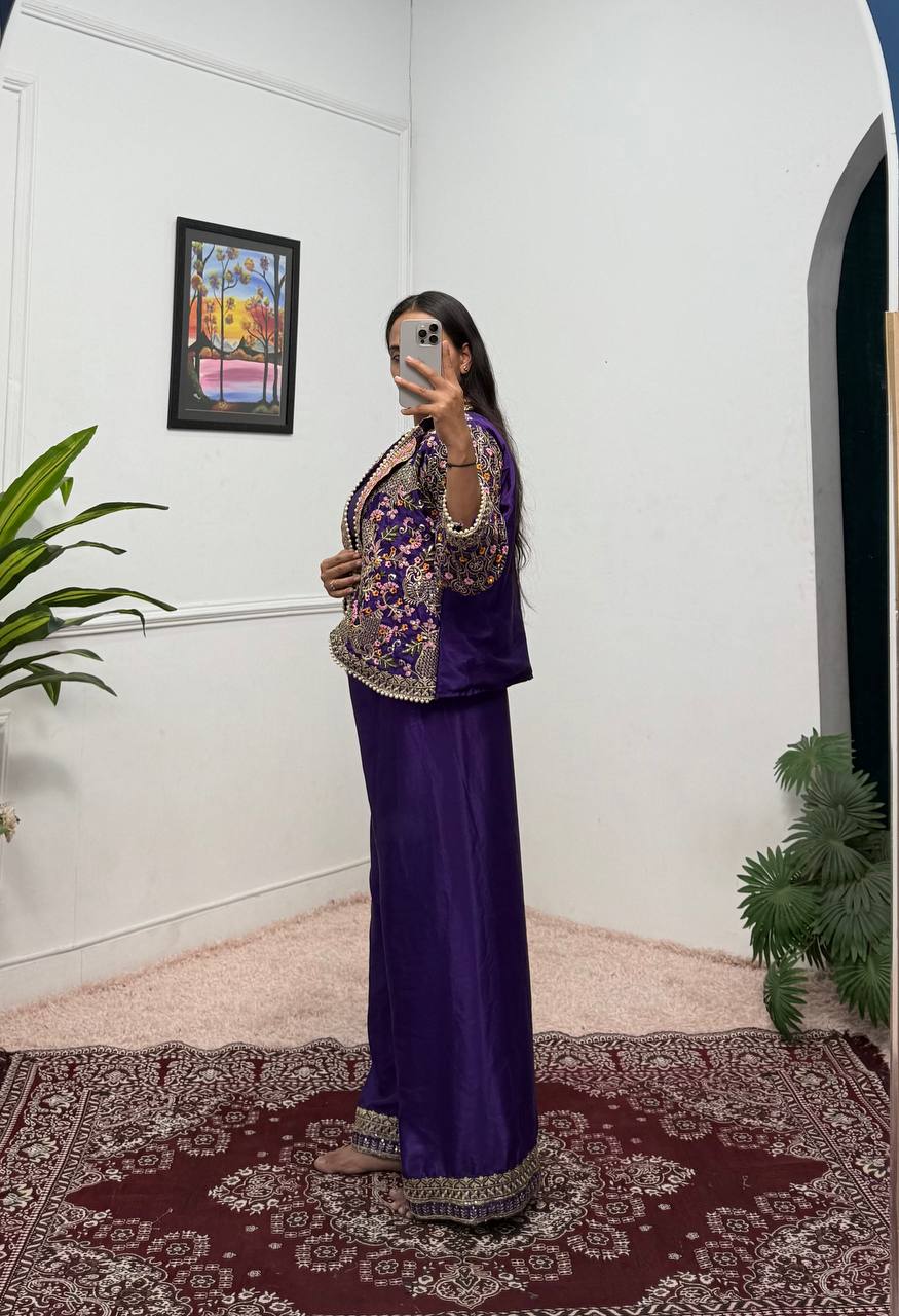 Premium Embroidered Koti, Blouse & Plazzo Set