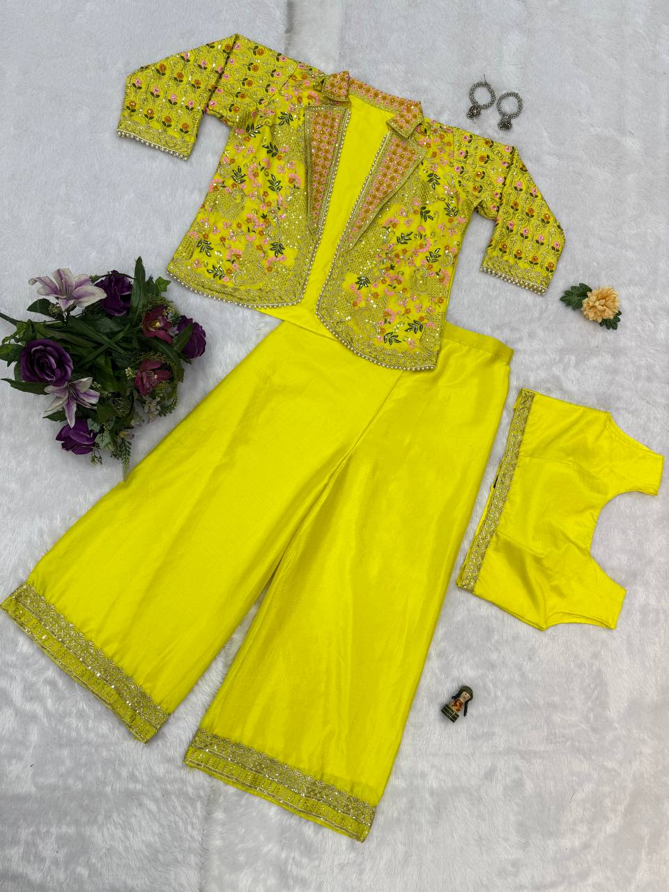Premium Embroidered Koti, Blouse & Plazzo Set
