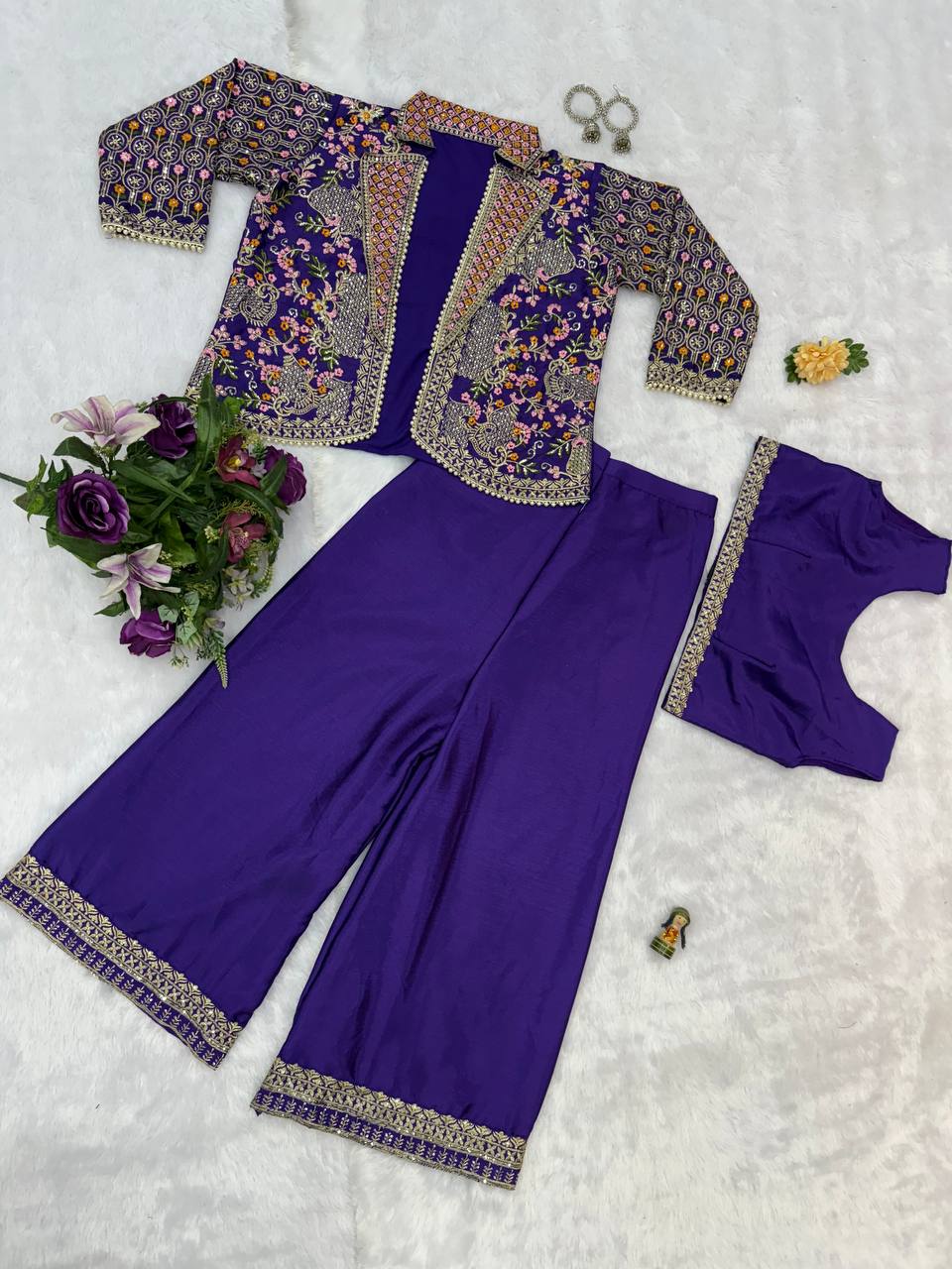 Premium Embroidered Koti, Blouse & Plazzo Set
