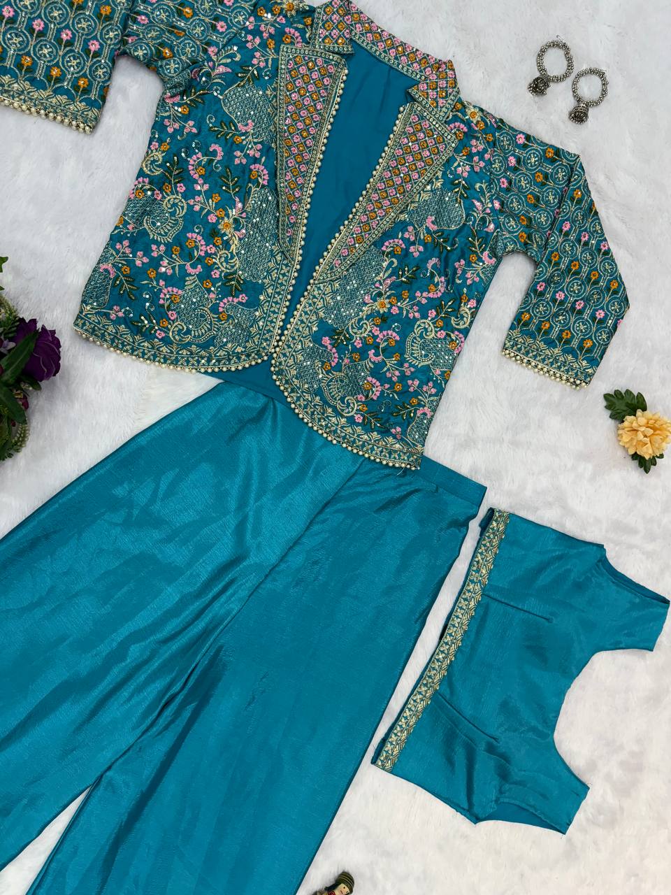 Premium Embroidered Koti, Blouse & Plazzo Set