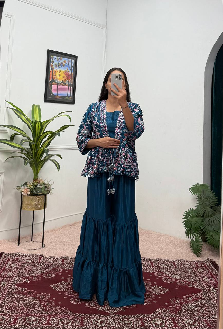 Indo-Western Koti, Blouse & Plazzo Set