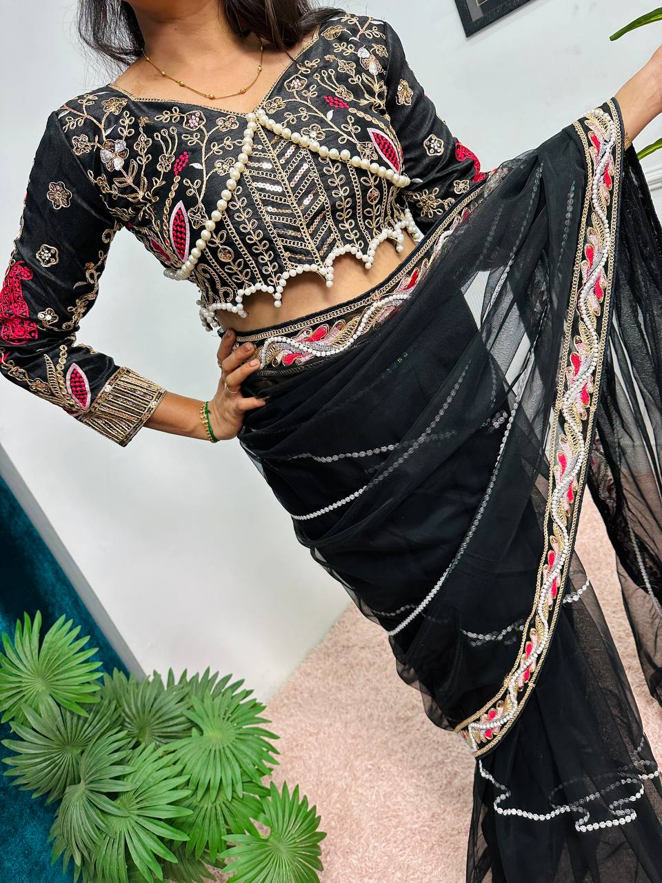 Heavy Embroidered Net Saree with 4000+ Pearl Moti Work