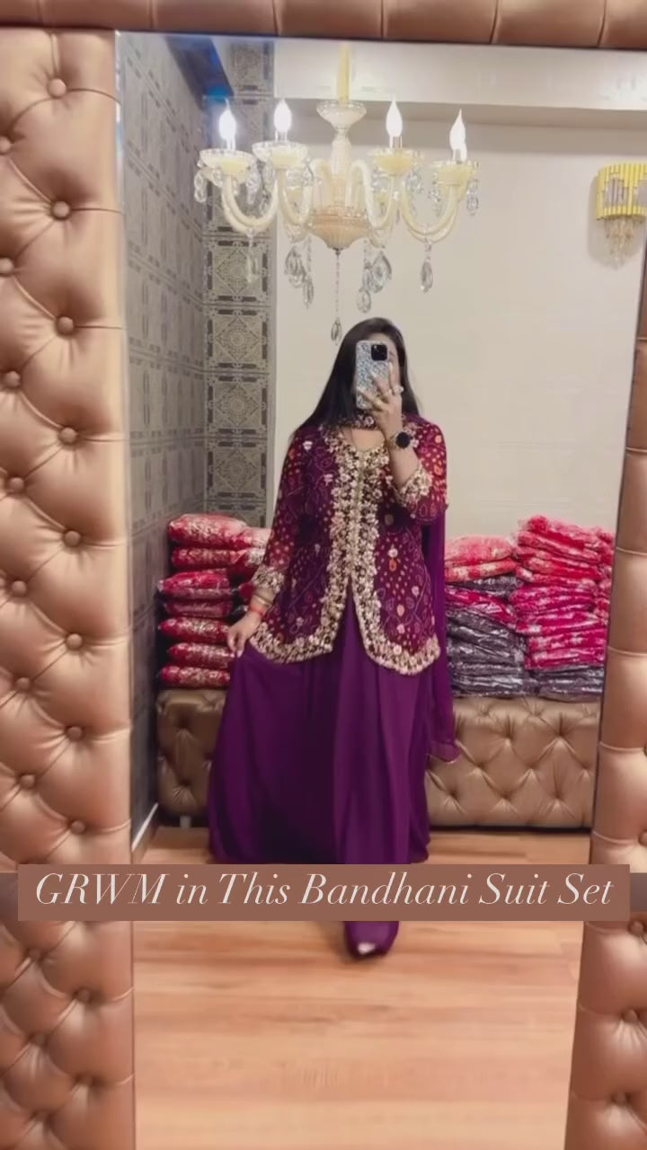 Faux Georgette Bandhani Koti-Lehenga 3 Piece Suit Set