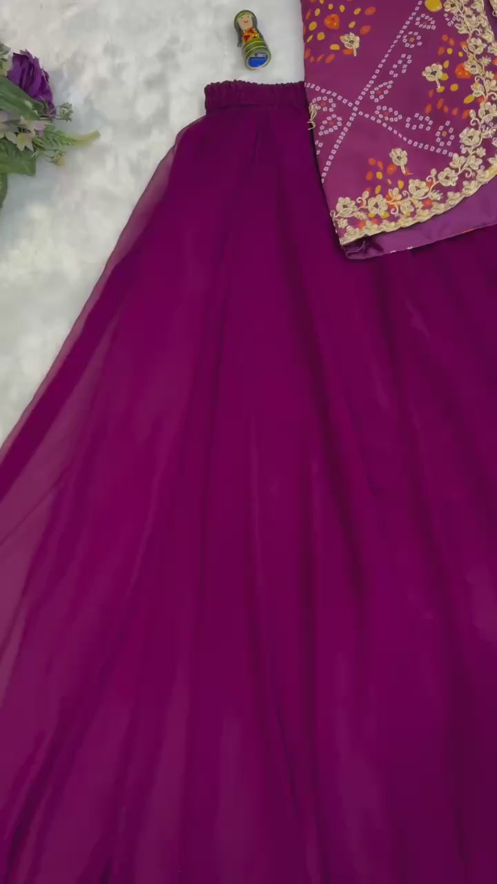 Faux Georgette Bandhani Koti-Lehenga 3 Piece Suit Set