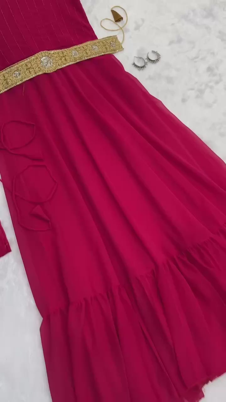 Faux Georgette Gown with Embroidered Koti & Belt