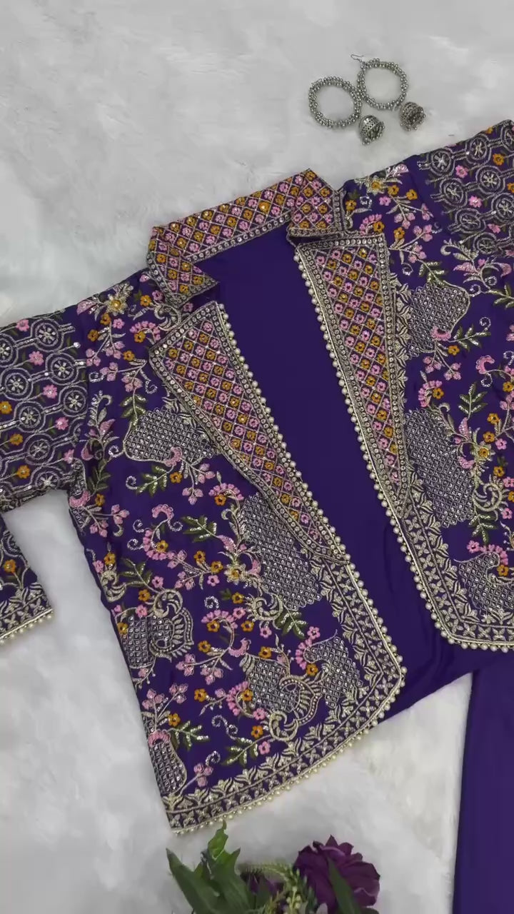 Premium Embroidered Koti, Blouse & Plazzo Set